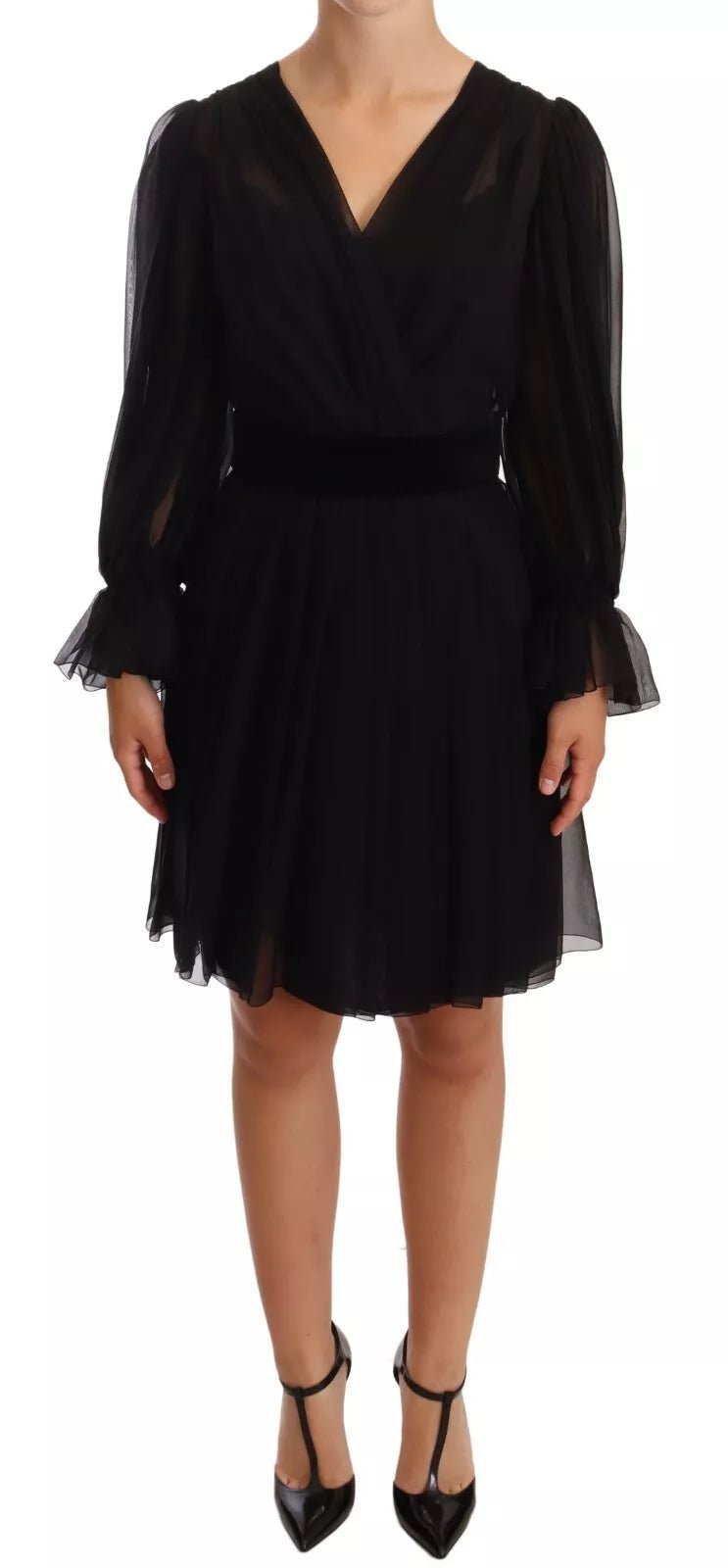 Dolce & Gabbana Black Silk Tulle Long Sleeve V-neck Dress - RIMODA
