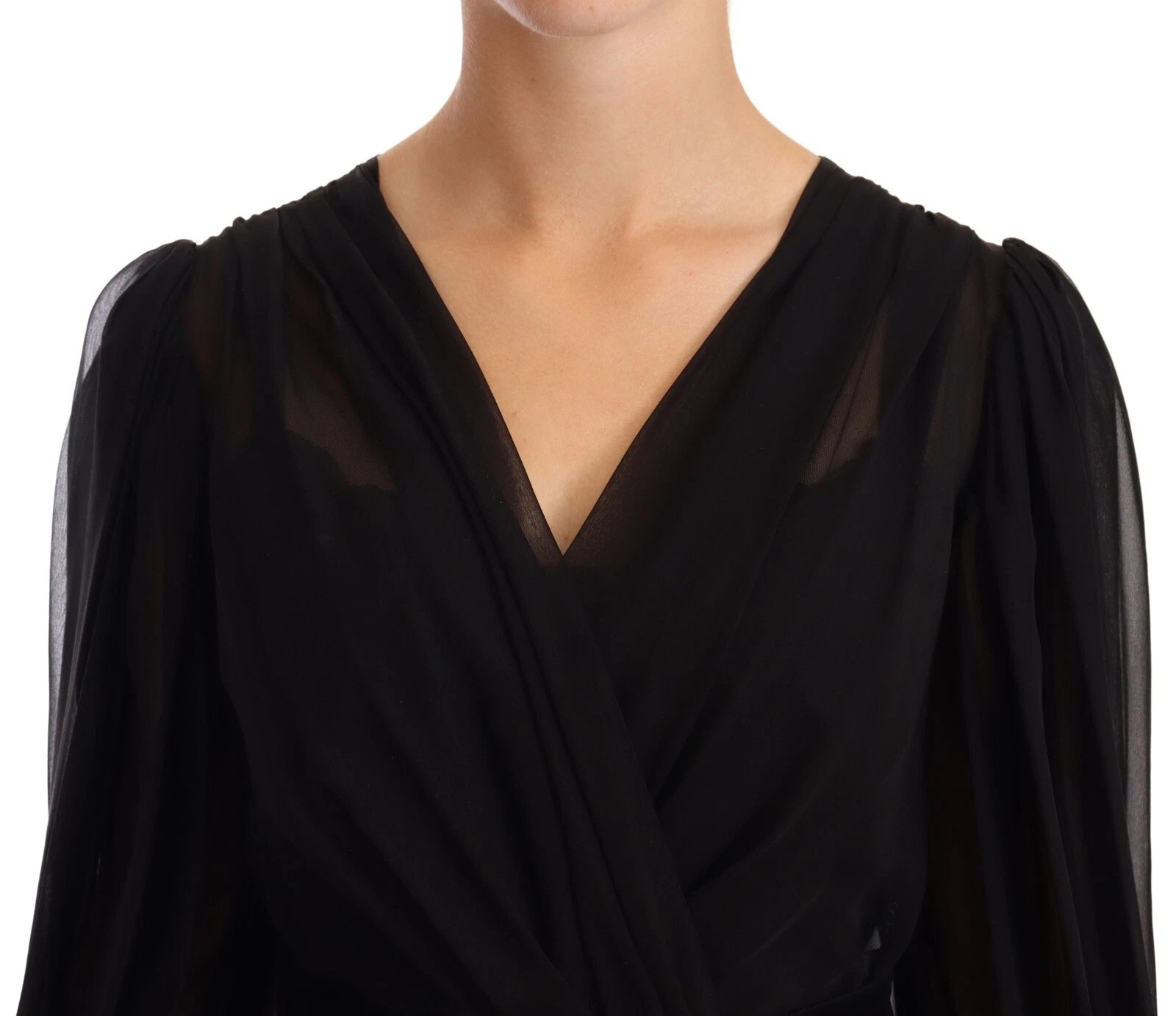 Dolce & Gabbana Black Silk Tulle Long Sleeve V-neck Dress - RIMODA