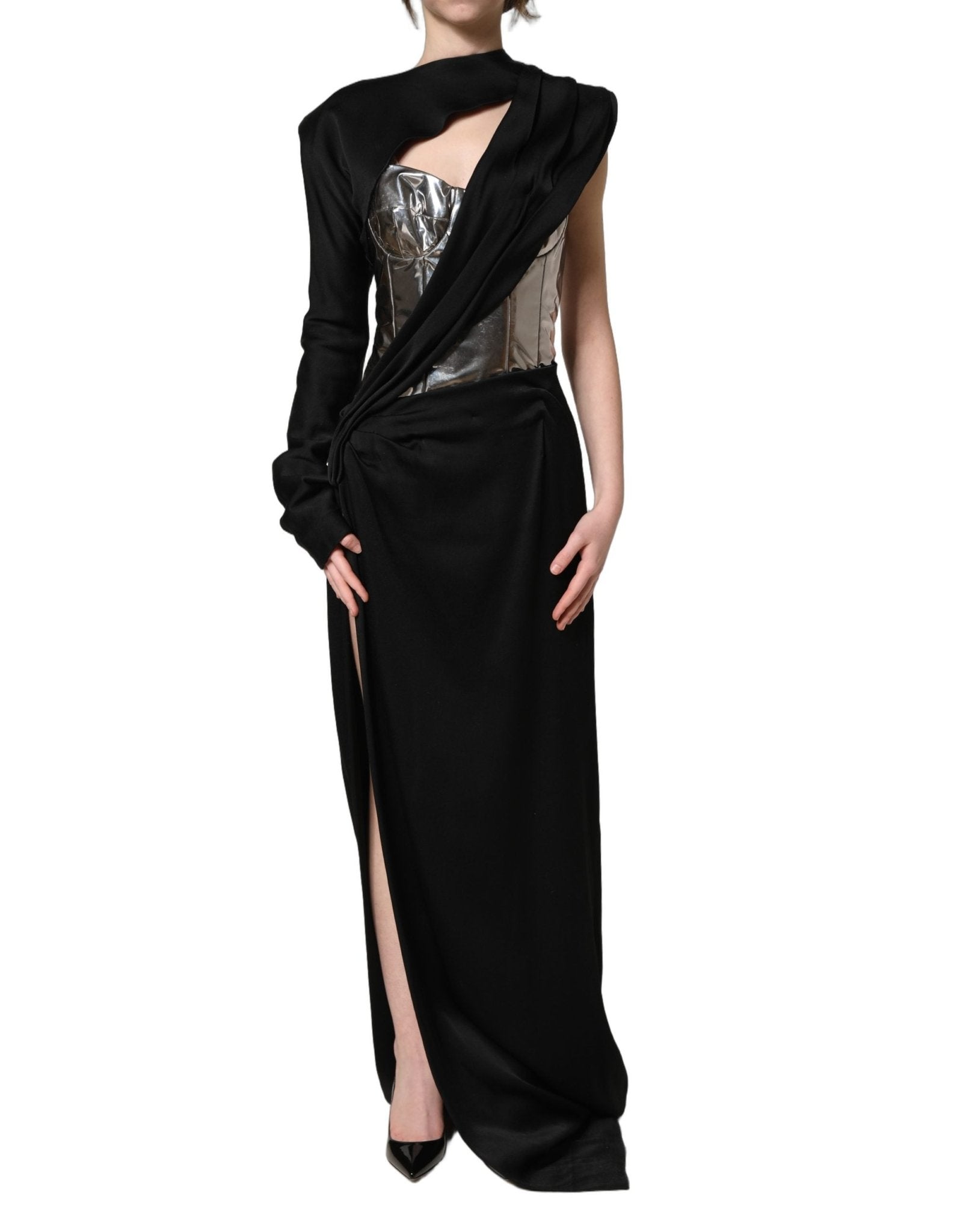 Dolce & Gabbana Black Silver OneShoulder Cocktail Gown Dress - RIMODA