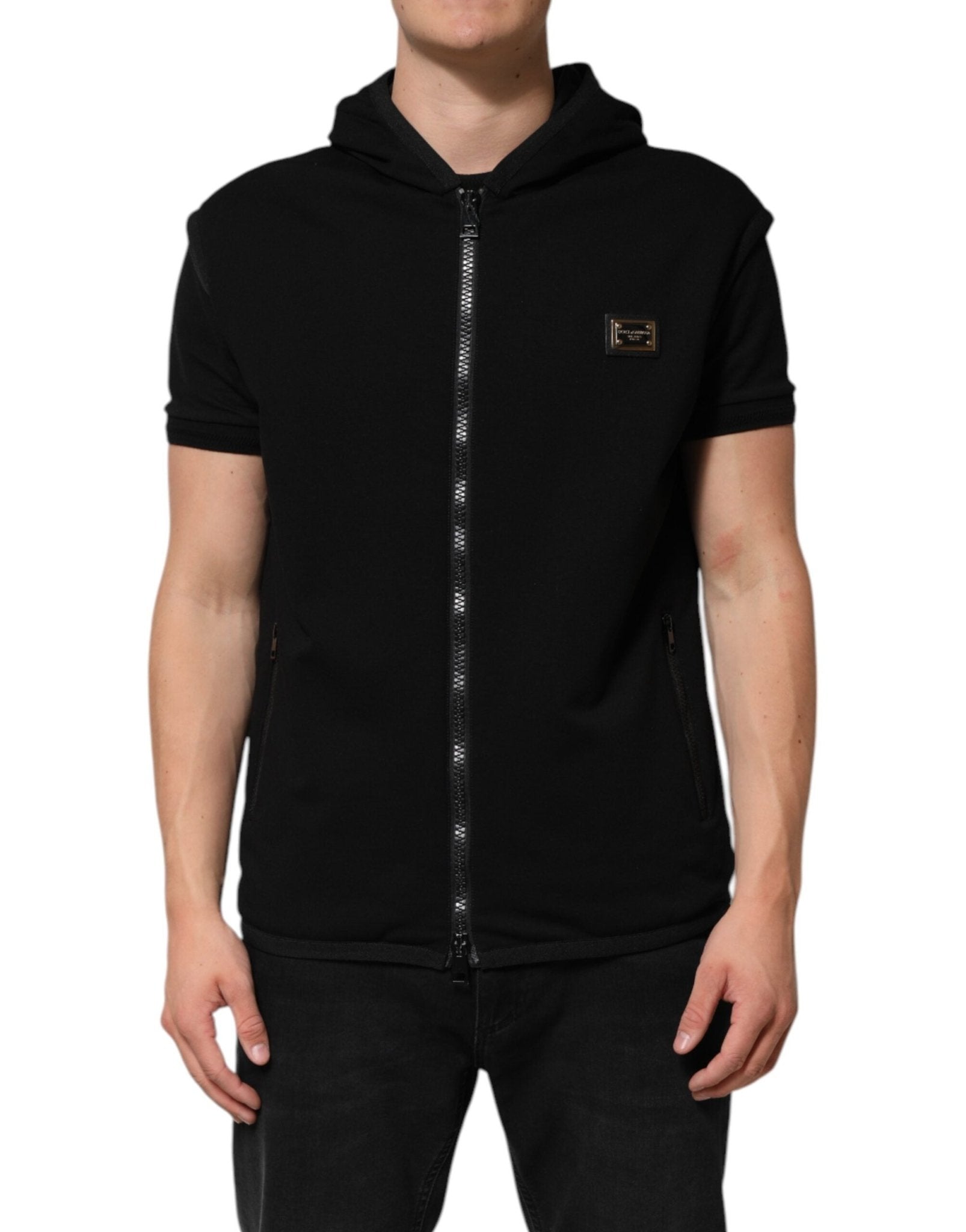 Dolce & Gabbana Black Sleeveless Hooded Logo Plaque Jacket - RIMODA