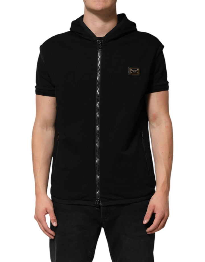 Dolce & Gabbana Black Sleeveless Hooded Logo Plaque Jacket - RIMODA