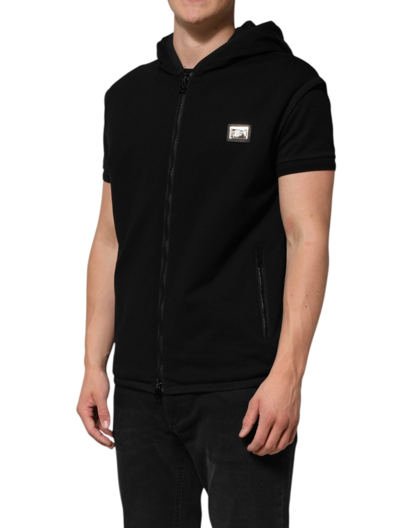 Dolce & Gabbana Black Sleeveless Hooded Logo Plaque Jacket - RIMODA