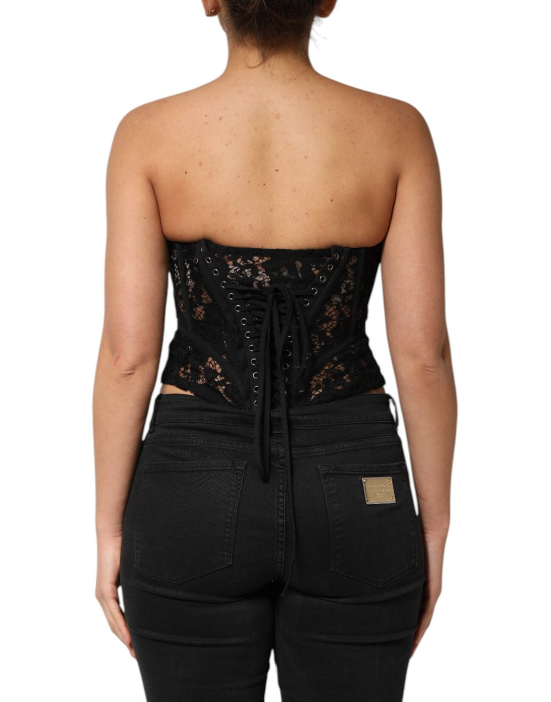 Dolce & Gabbana Black Strapless Floral Lace Bustier Cropped Top - RIMODA