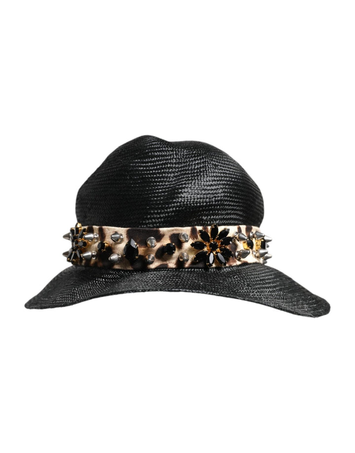 Dolce & Gabbana Black Straw Crystal Embellished Wide Brim Hat - RIMODA