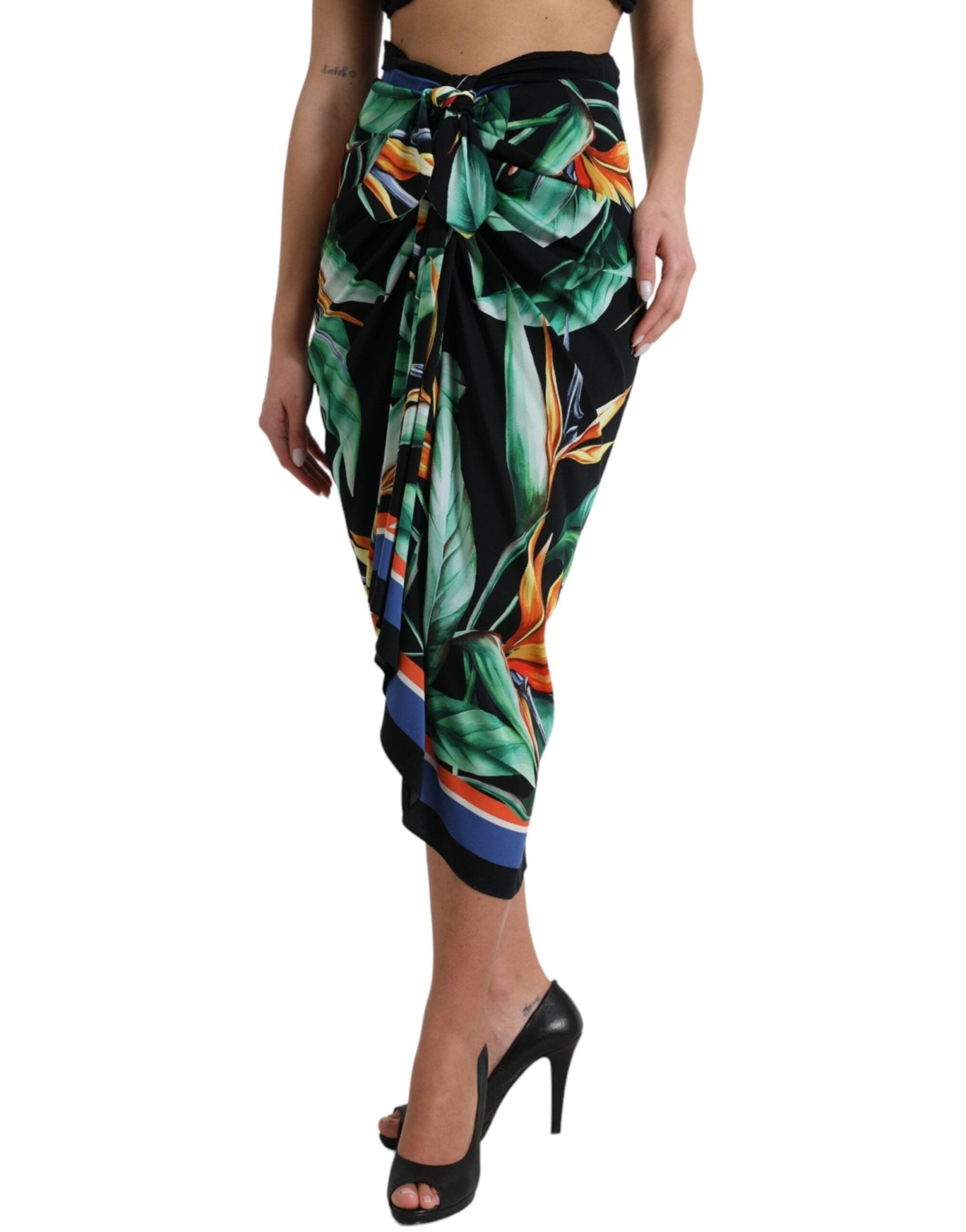 Dolce & Gabbana Black Strelitzia High Waist Wrap Midi Skirt - RIMODA