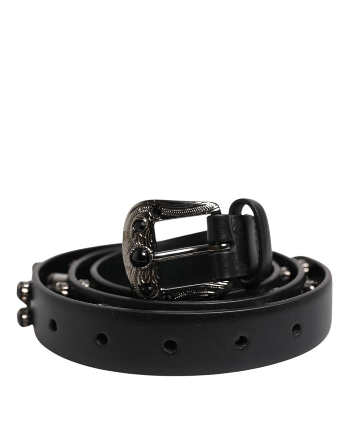 Dolce & Gabbana Black Studded Leather Metal Logo Buckle Belt - RIMODA