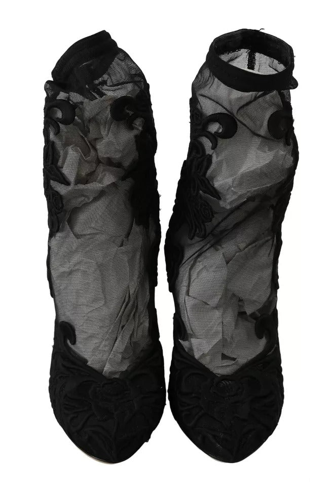 Dolce & Gabbana Black Tulle Stretch Floral Booties Shoes - RIMODA