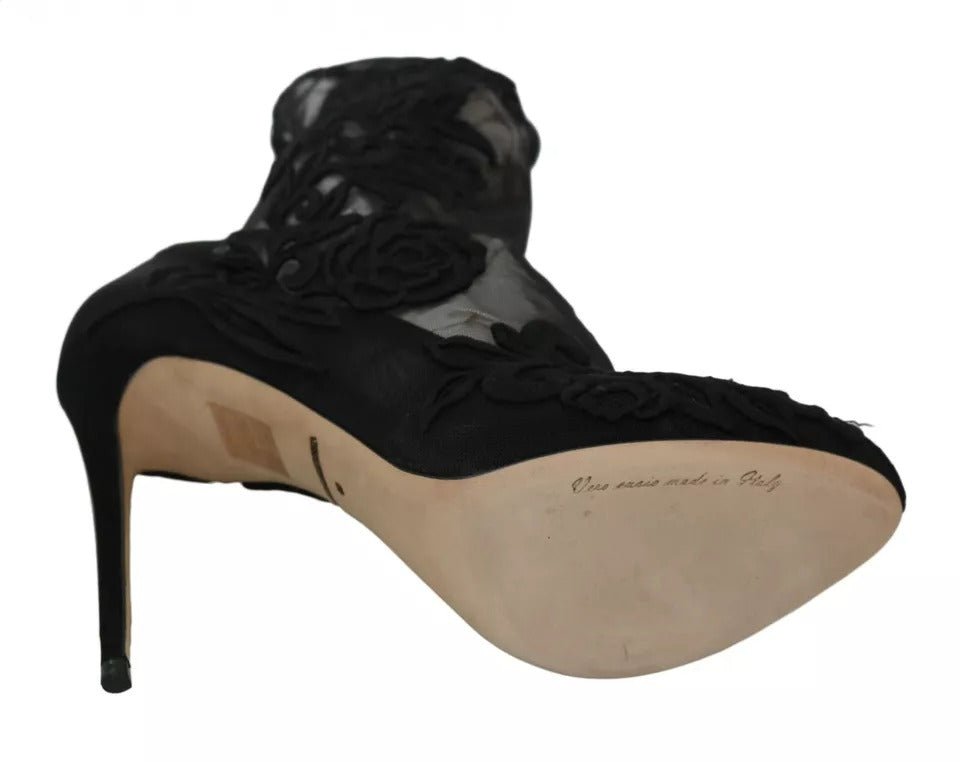 Dolce & Gabbana Black Tulle Stretch Floral Booties Shoes - RIMODA