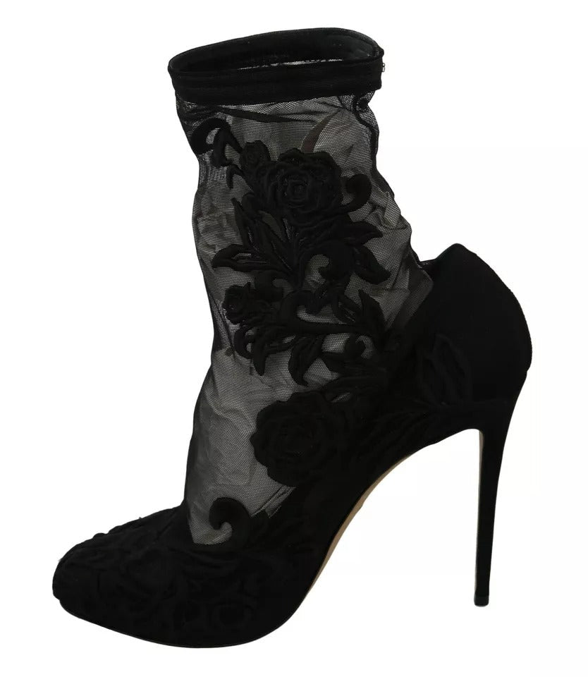 Dolce & Gabbana Black Tulle Stretch Floral Booties Shoes - RIMODA