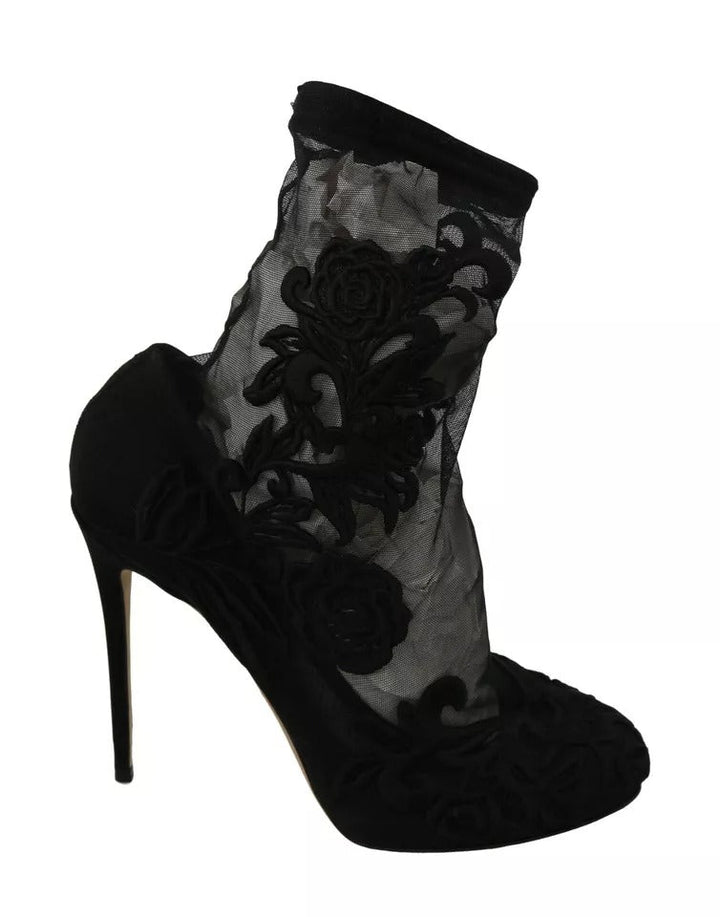 Dolce & Gabbana Black Tulle Stretch Floral Booties Shoes - RIMODA