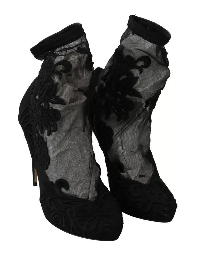 Dolce & Gabbana Black Tulle Stretch Floral Booties Shoes - RIMODA