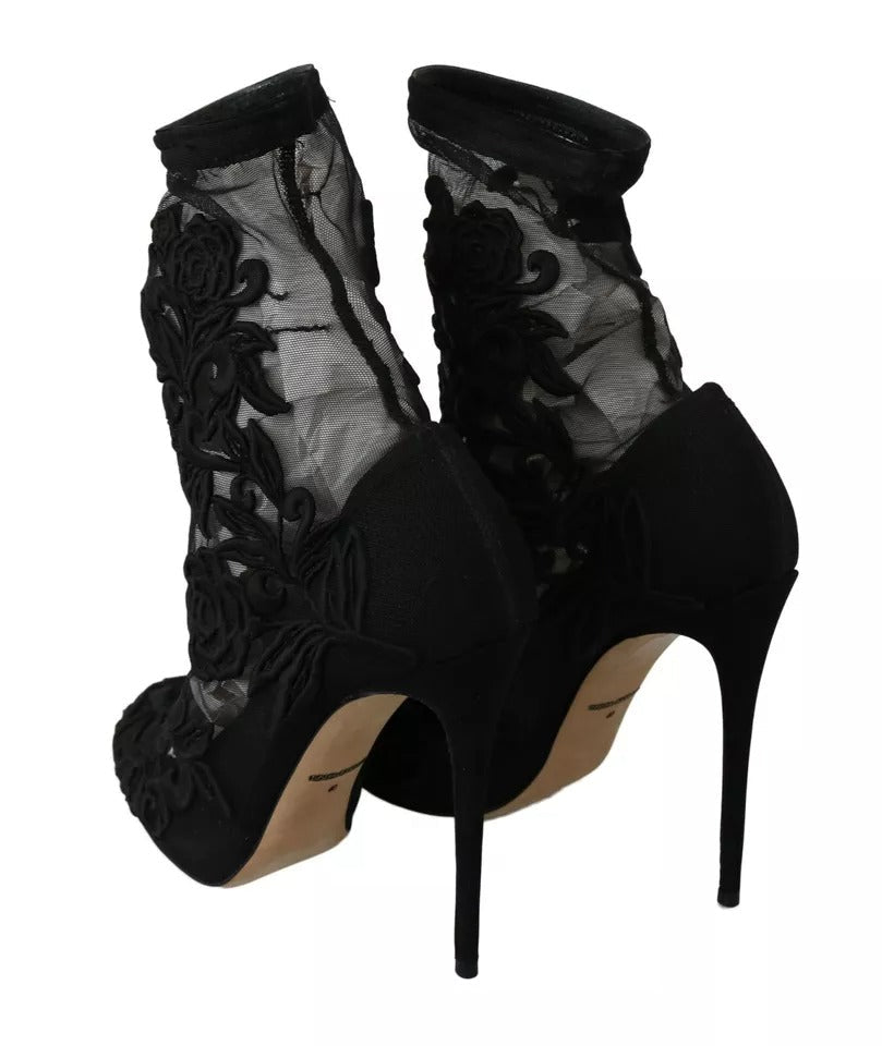 Dolce & Gabbana Black Tulle Stretch Floral Booties Shoes - RIMODA