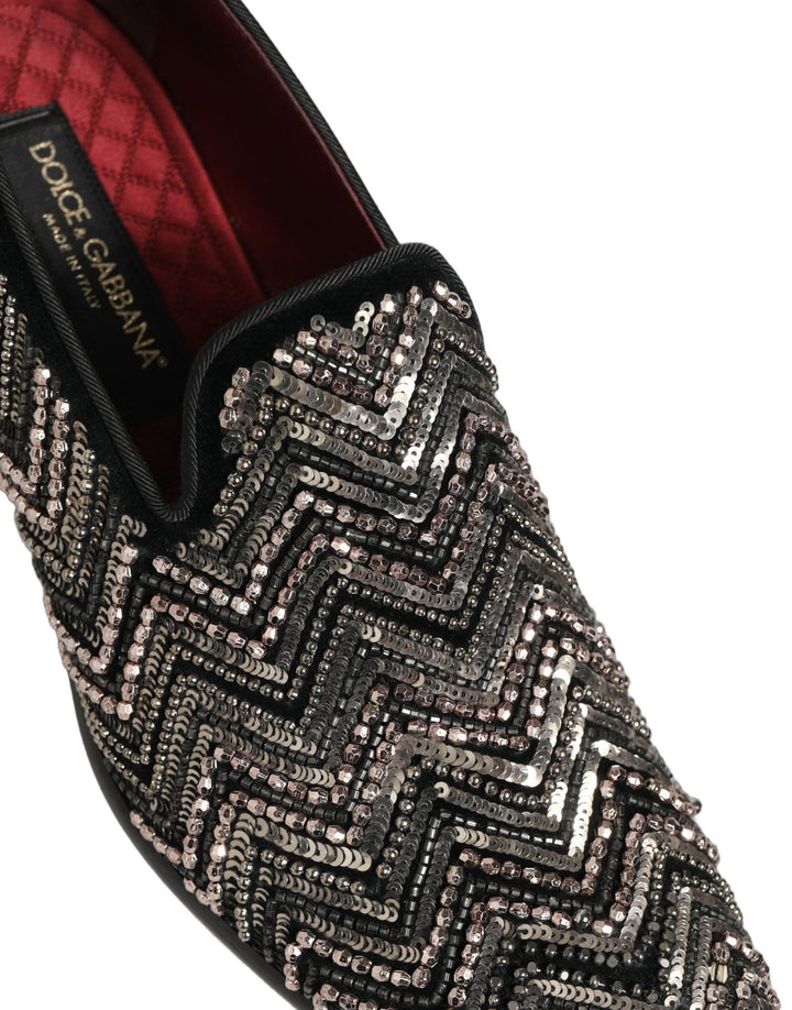 Dolce & Gabbana Black Velvet Floral Embellished Loafers Shoes - RIMODA