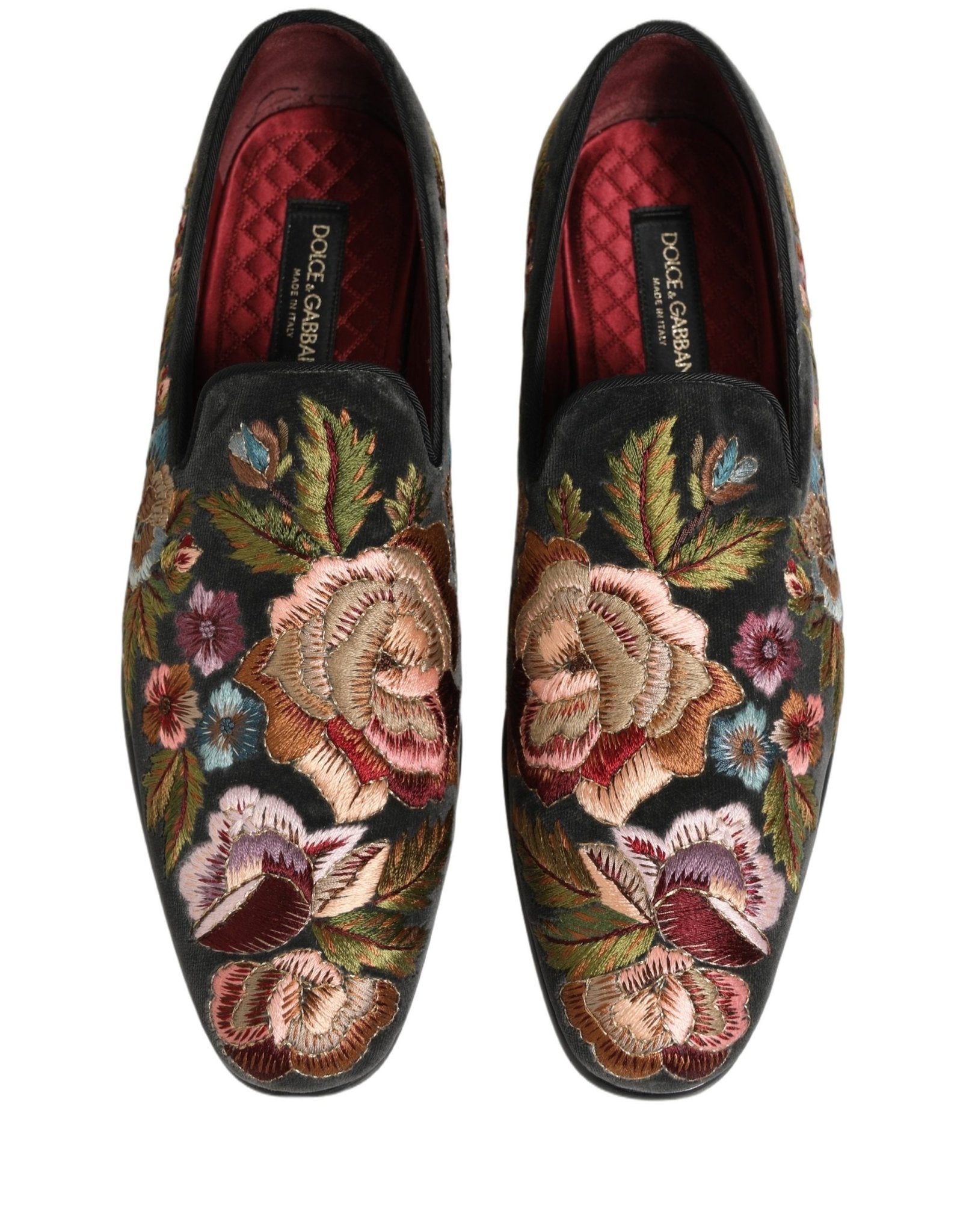 Dolce & Gabbana Black Velvet Floral Embroidery Loafers Shoes - RIMODA