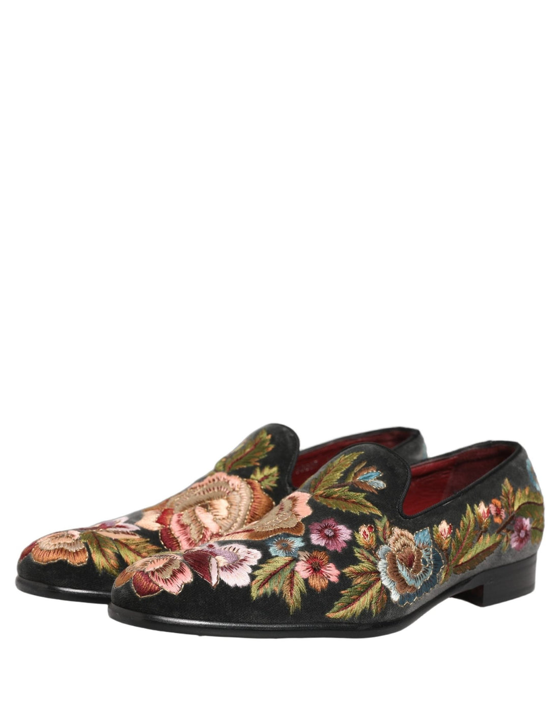 Dolce & Gabbana Black Velvet Floral Embroidery Loafers Shoes - RIMODA