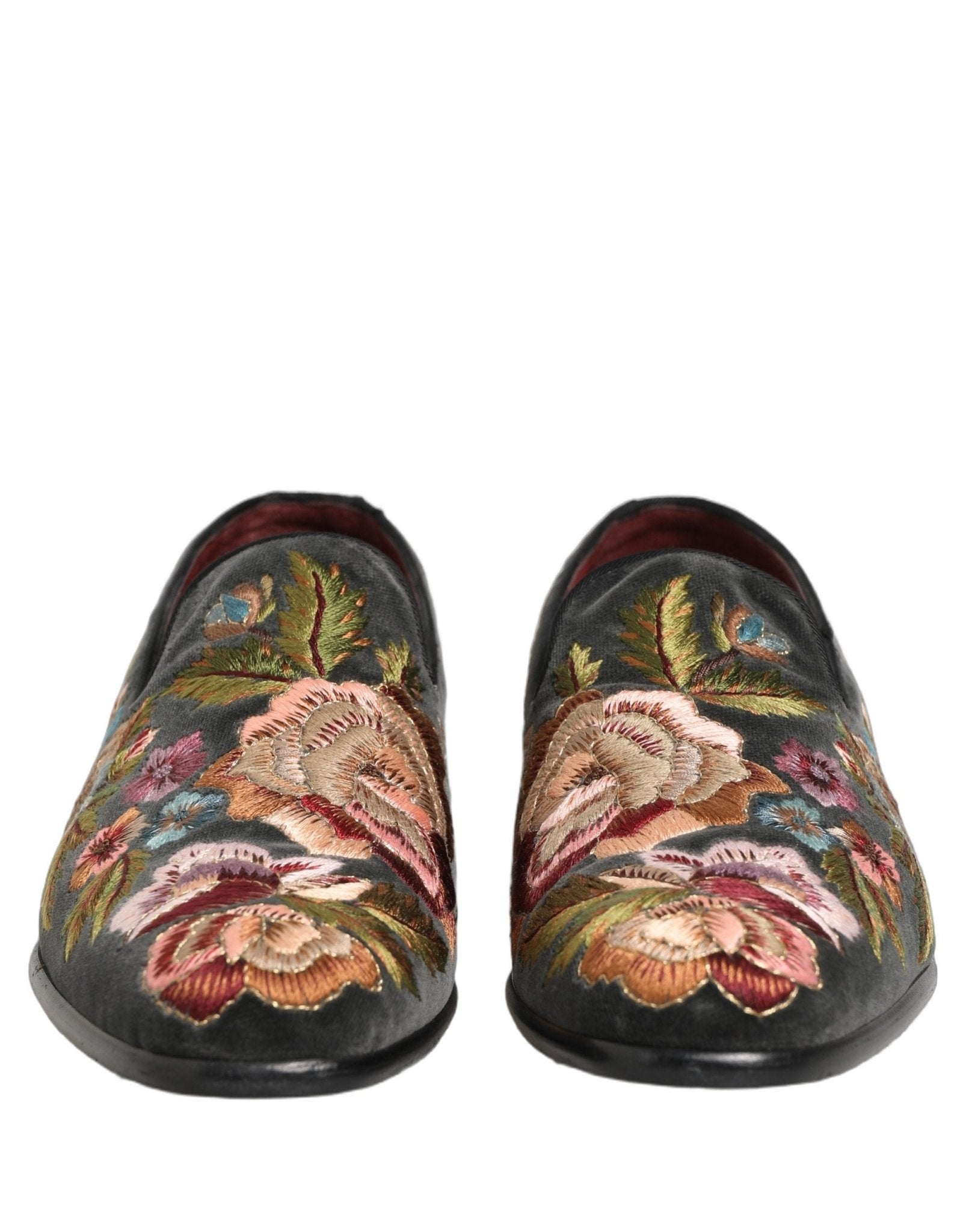 Dolce & Gabbana Black Velvet Floral Embroidery Loafers Shoes - RIMODA