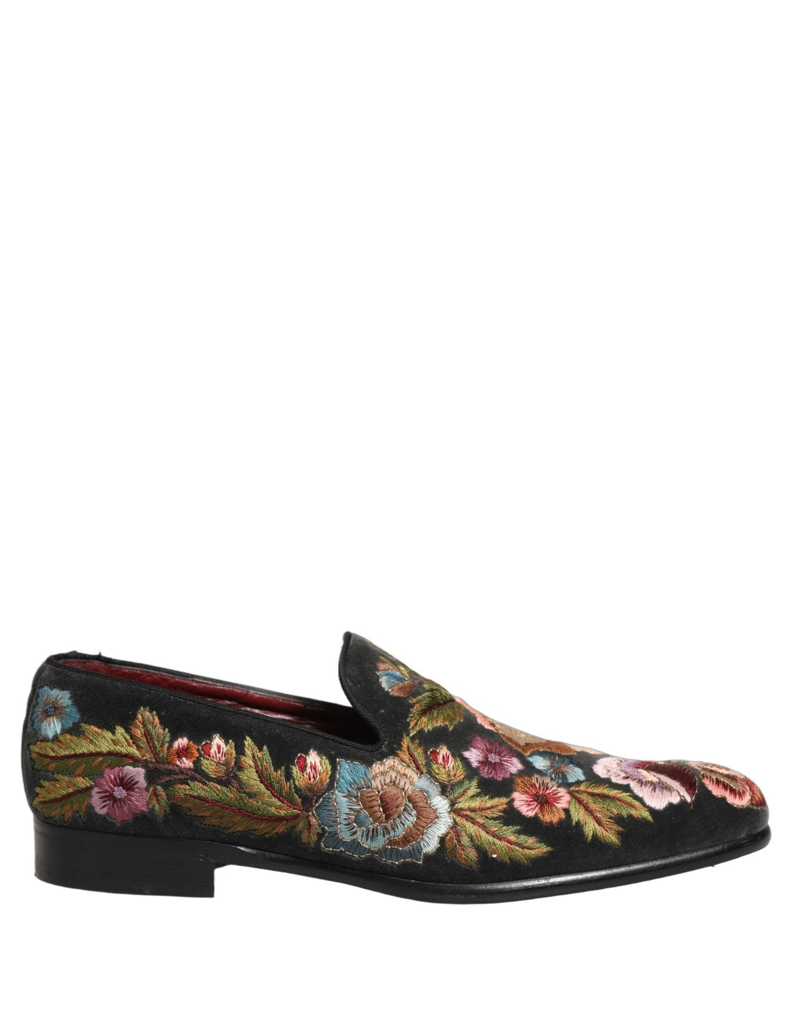Dolce & Gabbana Black Velvet Floral Embroidery Loafers Shoes - RIMODA