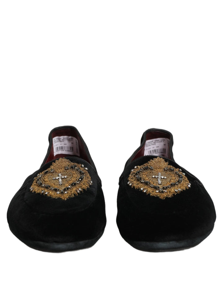 Dolce & Gabbana Black Velvet Sacred Heart Dress Loafers Shoes - RIMODA