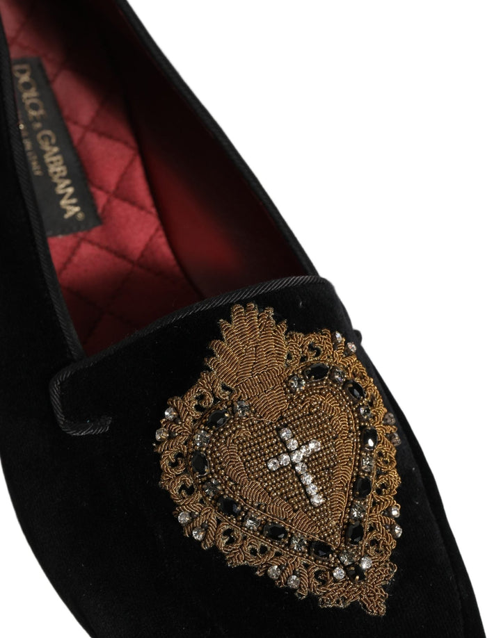 Dolce & Gabbana Black Velvet Sacred Heart Dress Loafers Shoes - RIMODA