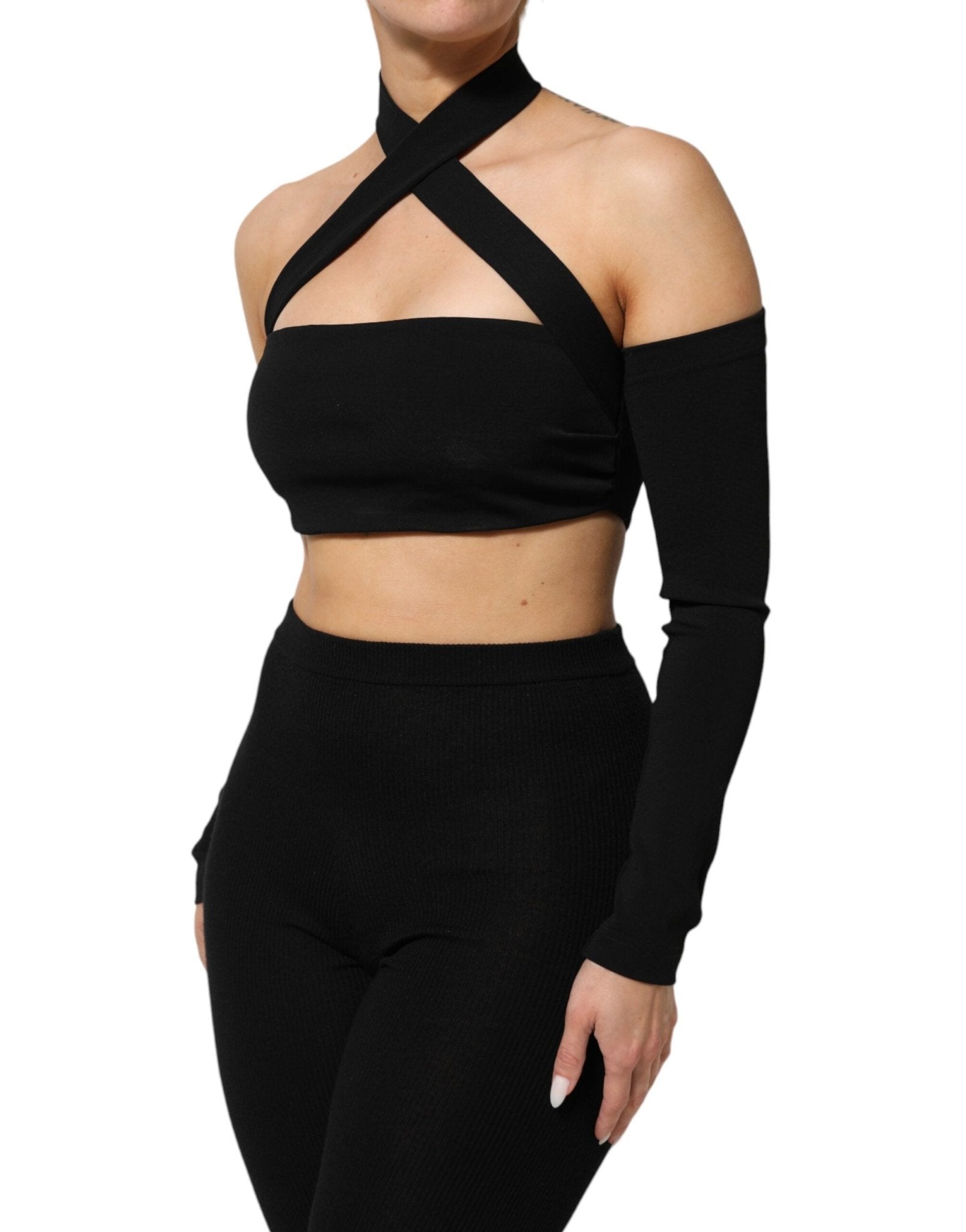 Dolce & Gabbana Black Viscose Halter Off Shoulder Cropped Top - RIMODA