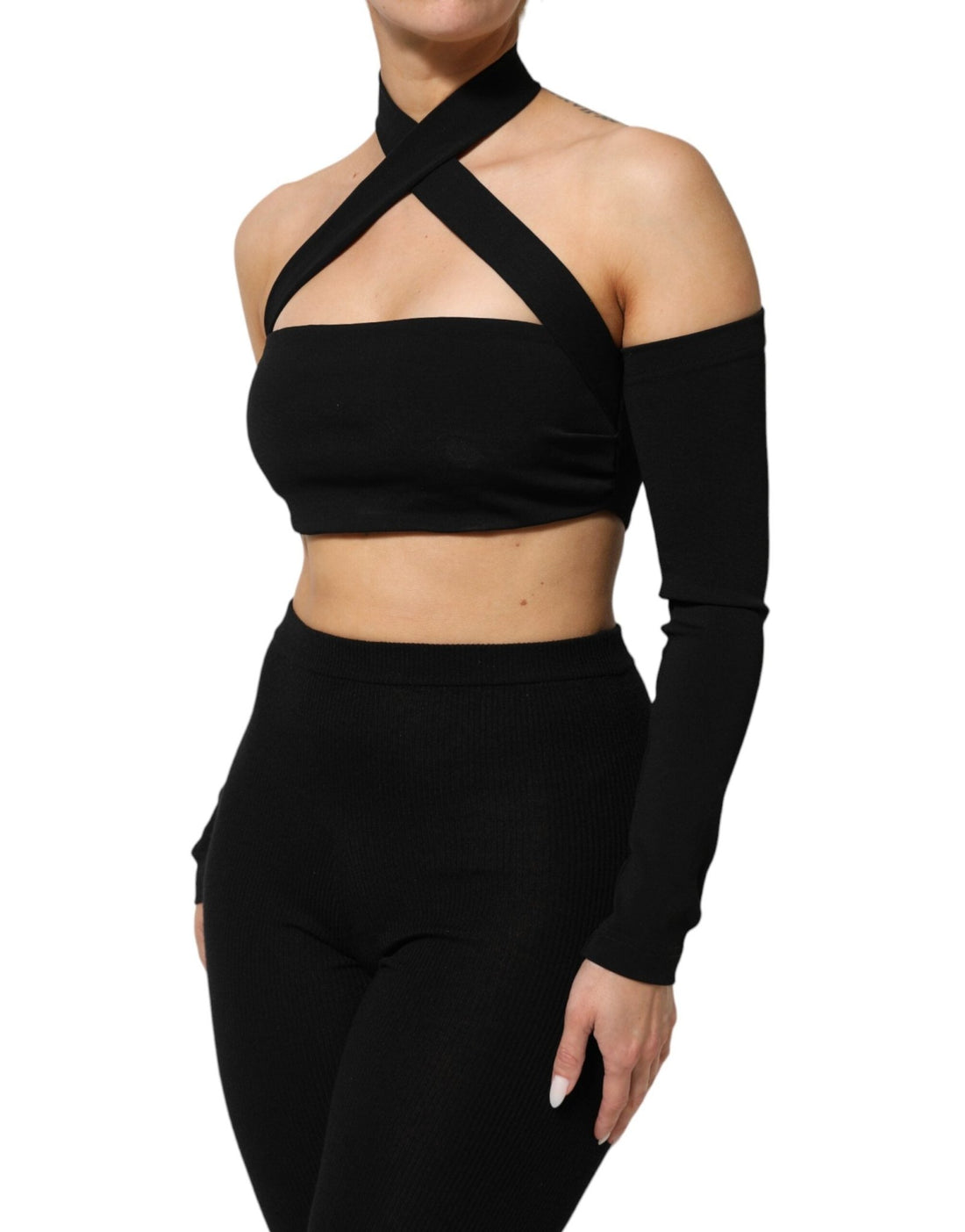 Dolce & Gabbana Black Viscose Halter Off Shoulder Cropped Top - RIMODA