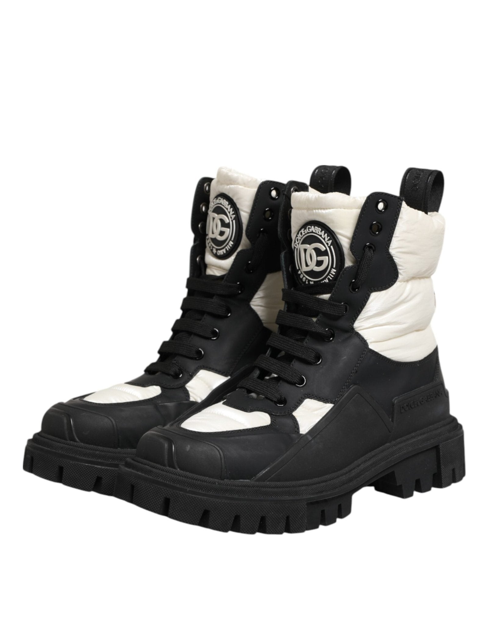 Dolce & Gabbana Black White Padded Mid Calf Lace Up Boots Shoes - RIMODA