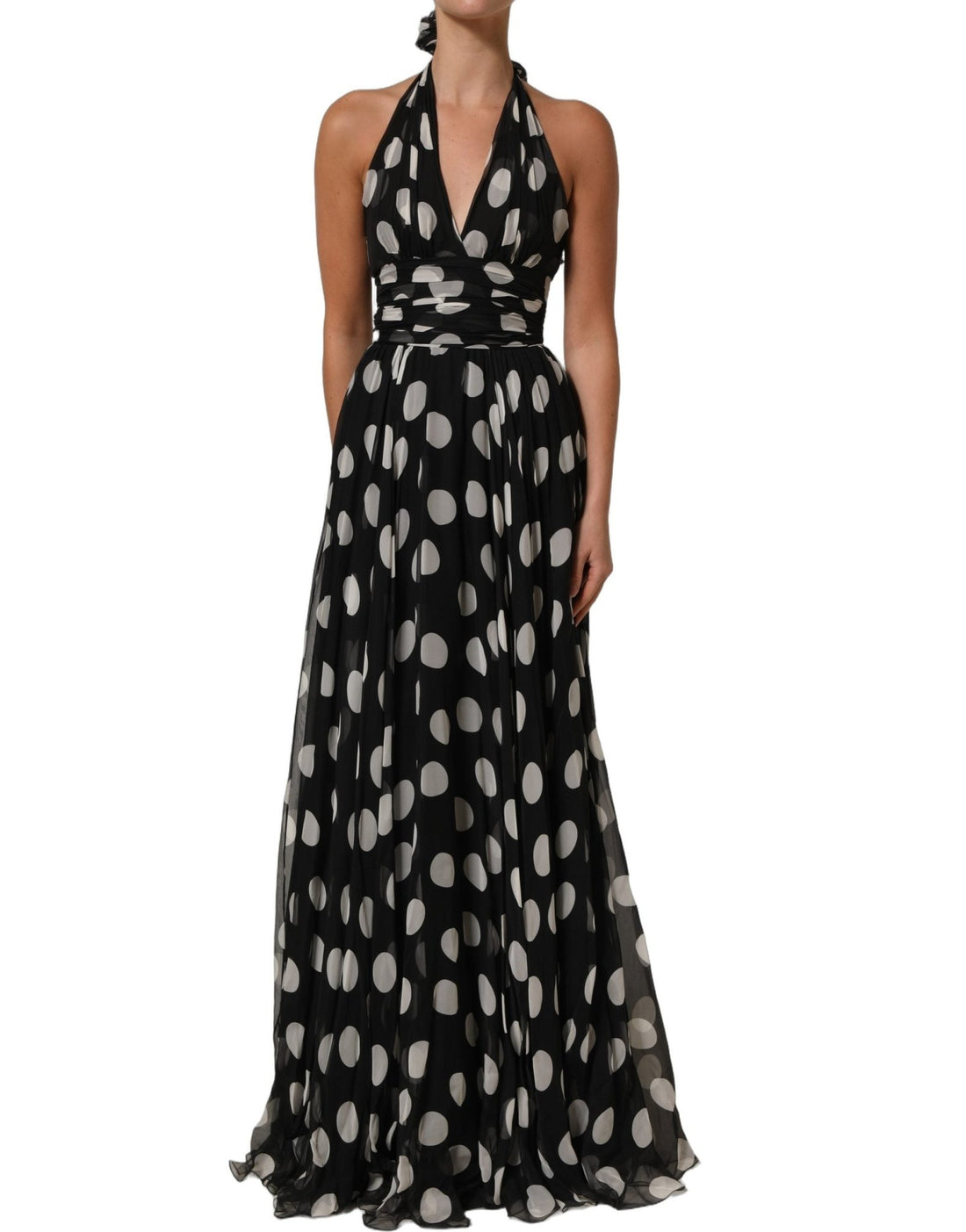 Dolce & Gabbana Black White Polka Dot Pleated Maxi Dress - RIMODA