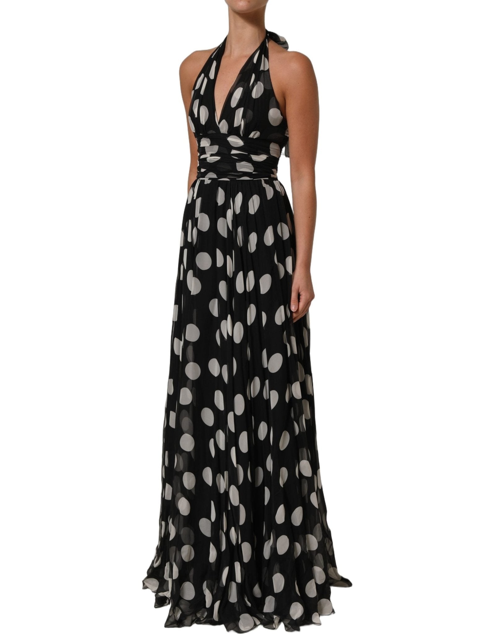 Dolce & Gabbana Black White Polka Dot Pleated Maxi Dress - RIMODA