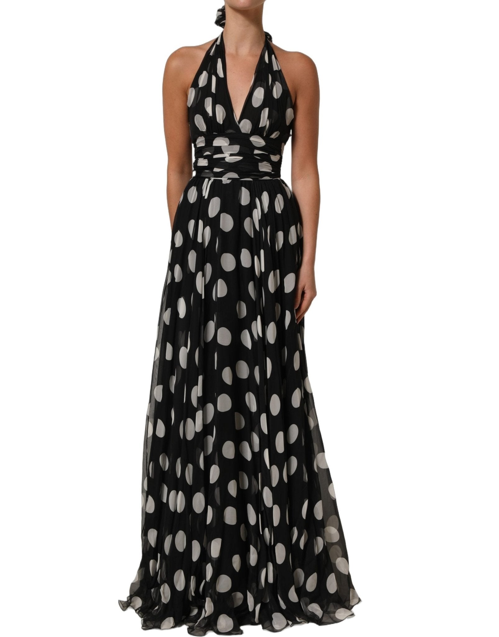Dolce & Gabbana Black White Polka Dot Pleated Maxi Dress - RIMODA