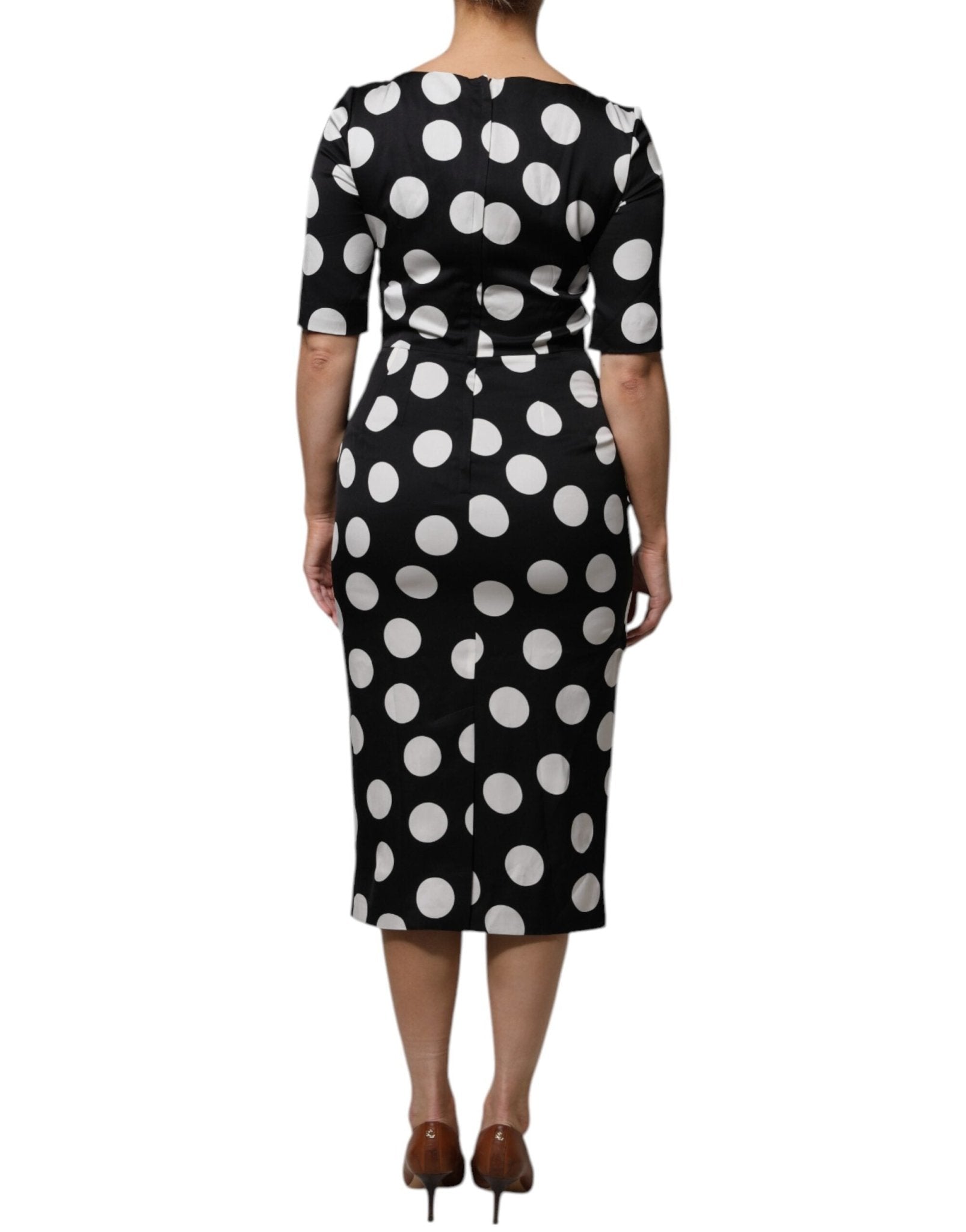 Dolce & Gabbana Black White Silk Polka Dots Sheath Midi Dress - RIMODA