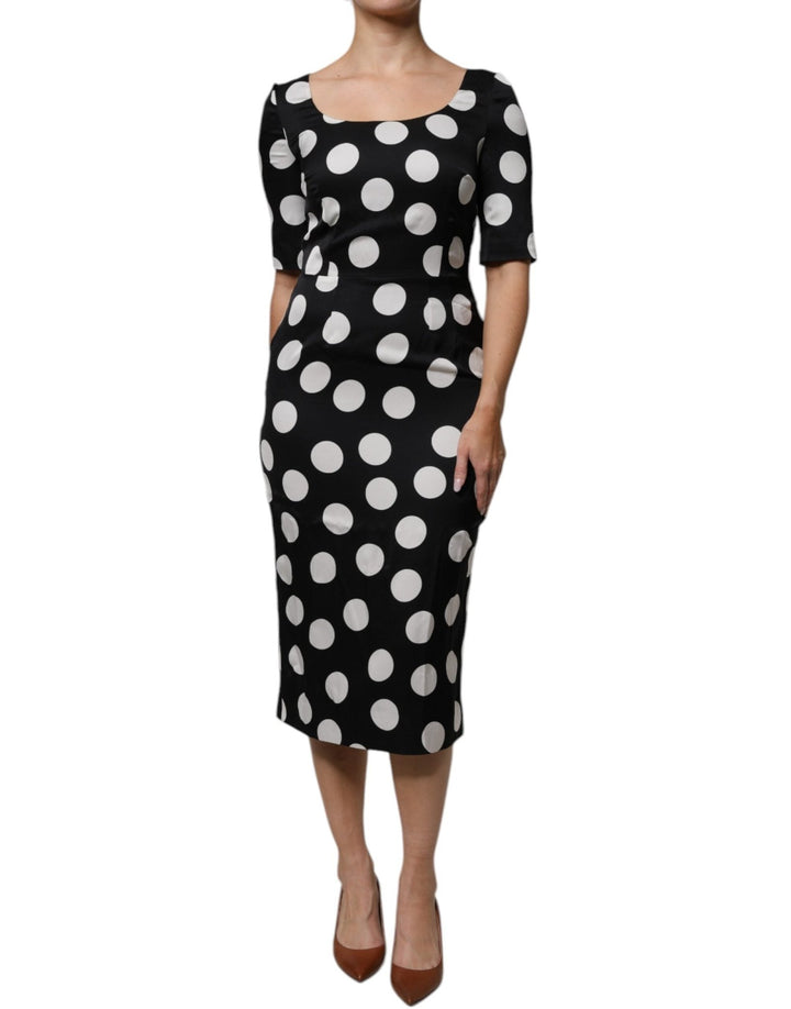 Dolce & Gabbana Black White Silk Polka Dots Sheath Midi Dress - RIMODA
