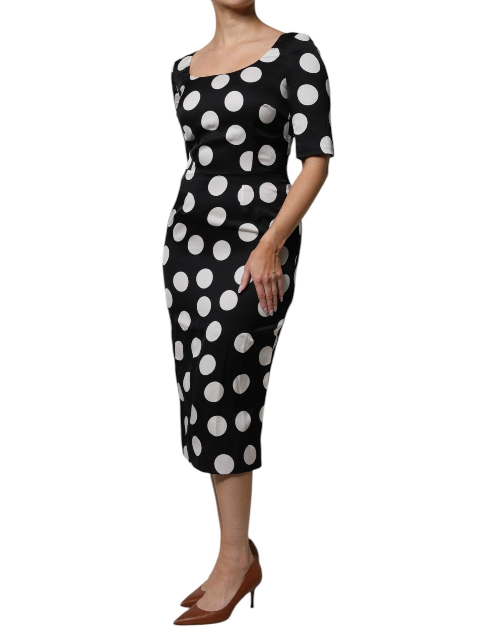 Dolce & Gabbana Black White Silk Polka Dots Sheath Midi Dress - RIMODA
