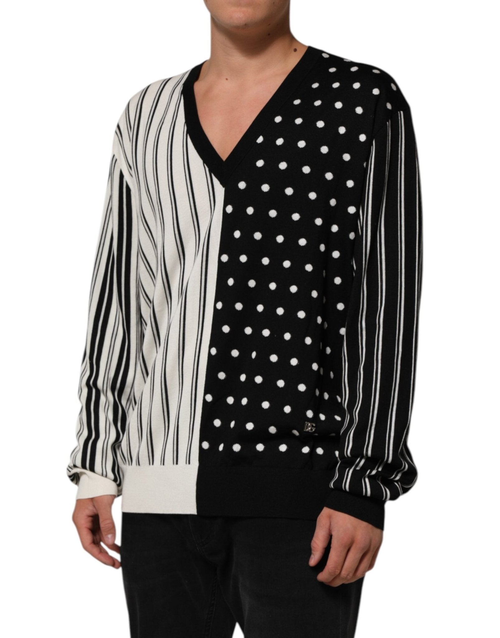 Dolce & Gabbana Black White Stripe Polka V-Neck Pullover Sweater - RIMODA