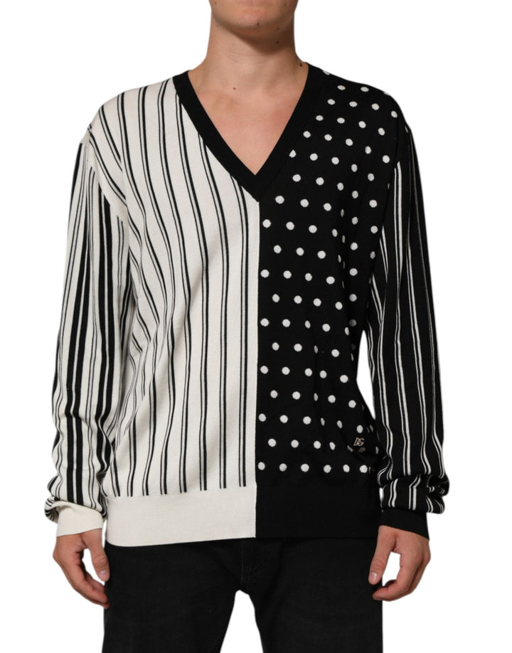 Dolce & Gabbana Black White Stripe Polka V-Neck Pullover Sweater - RIMODA