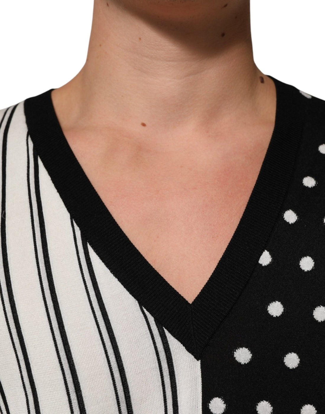 Dolce & Gabbana Black White Stripe Polka V-Neck Pullover Sweater - RIMODA