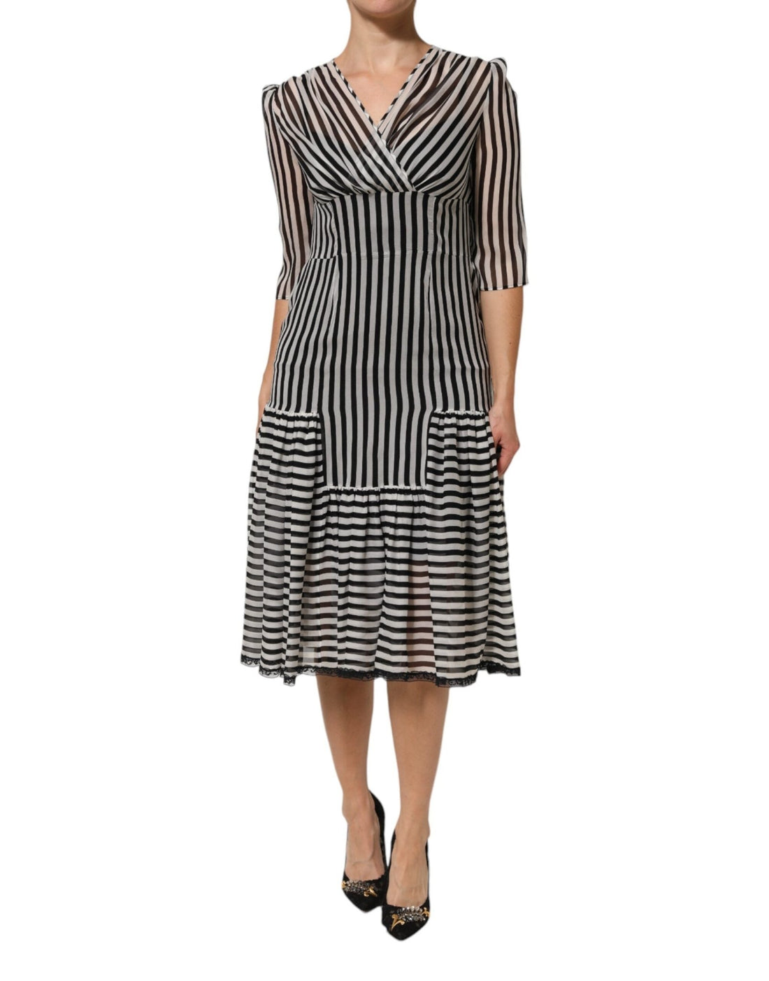 Dolce & Gabbana Black White Stripes Silk V-neck Midi Dress - RIMODA