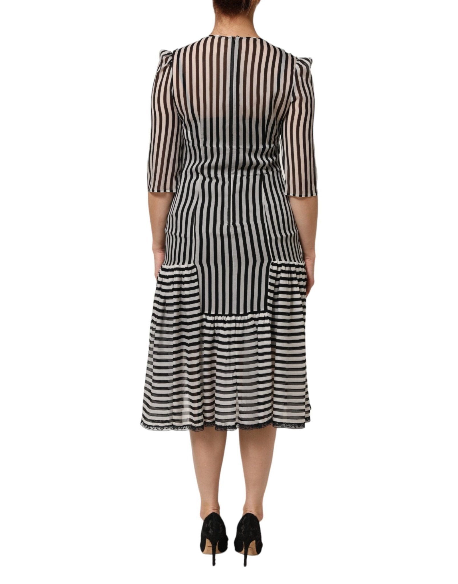 Dolce & Gabbana Black White Stripes Silk V-neck Midi Dress - RIMODA