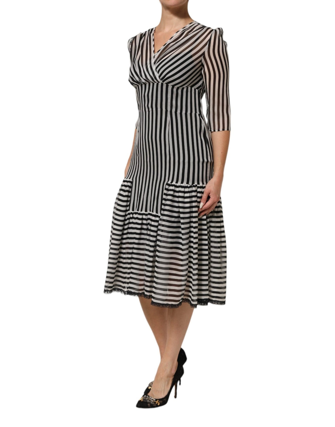 Dolce & Gabbana Black White Stripes Silk V-neck Midi Dress - RIMODA