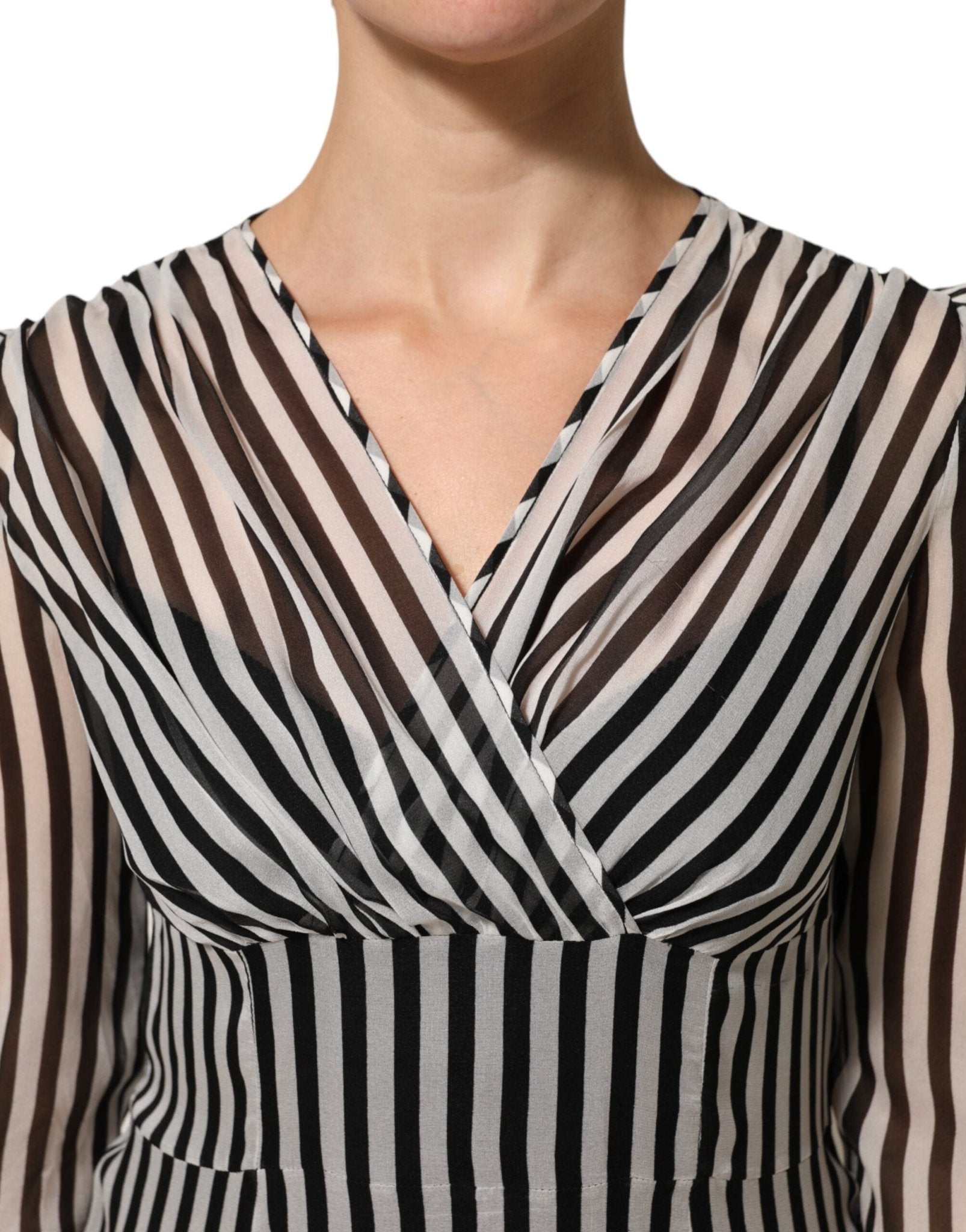 Dolce & Gabbana Black White Stripes Silk V-neck Midi Dress - RIMODA