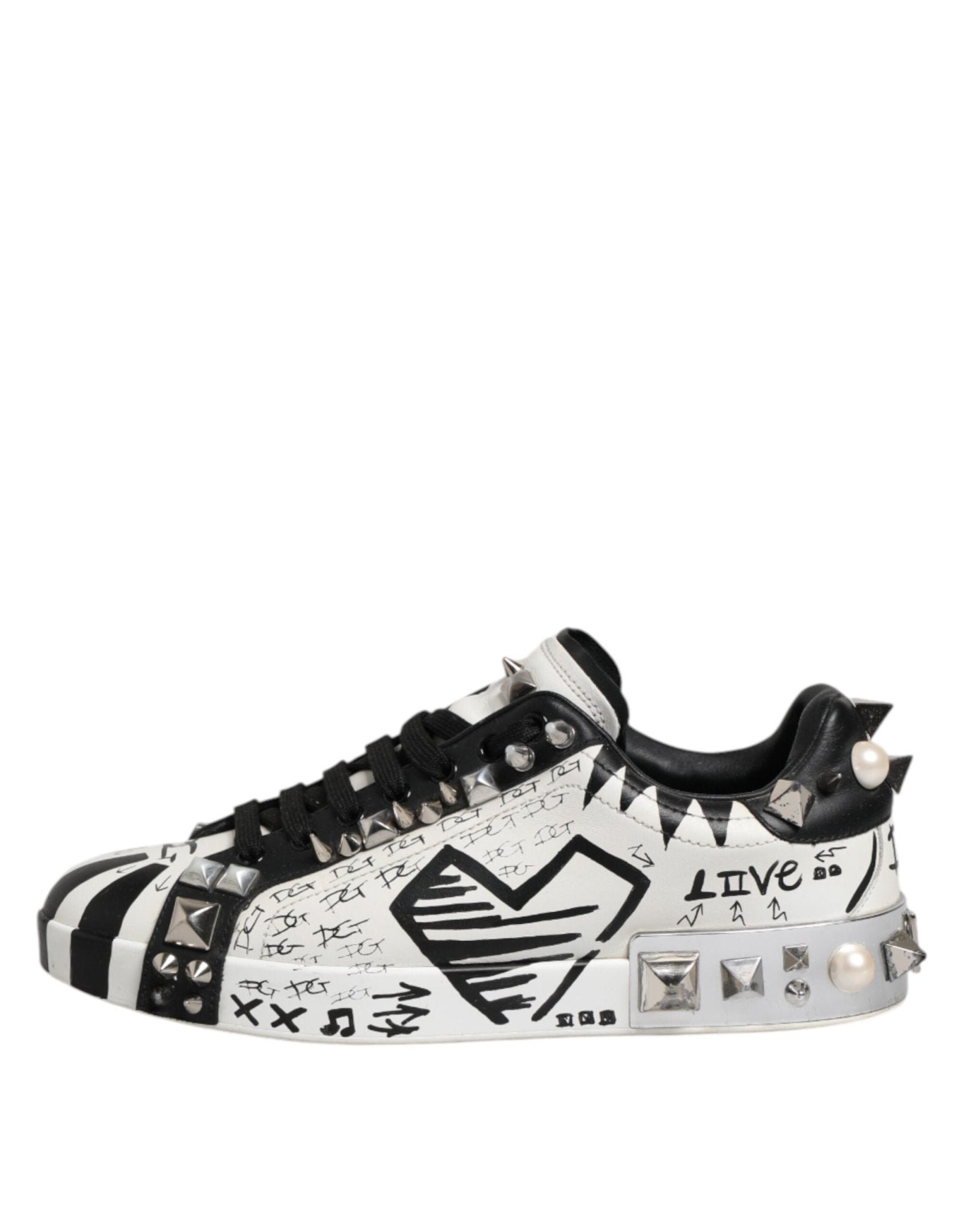 Dolce & Gabbana Black White Studded Low Top Sneakers Shoes - RIMODA