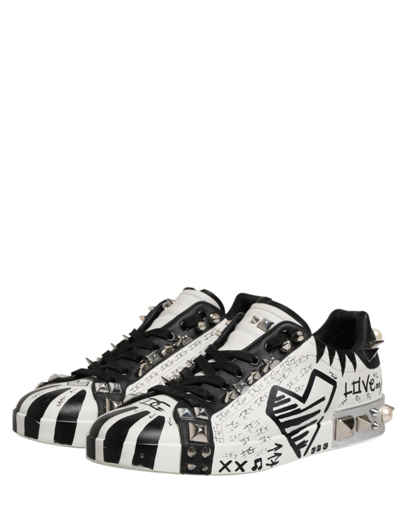 Dolce & Gabbana Black White Studded Low Top Sneakers Shoes - RIMODA