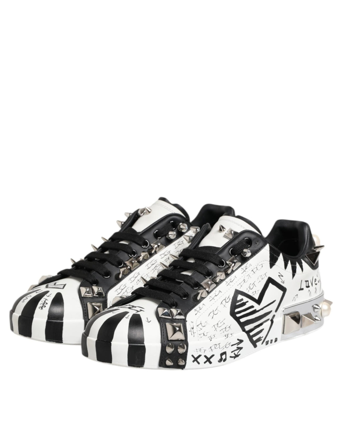 Dolce & Gabbana Black White Studded Low Top Sneakers Shoes - RIMODA