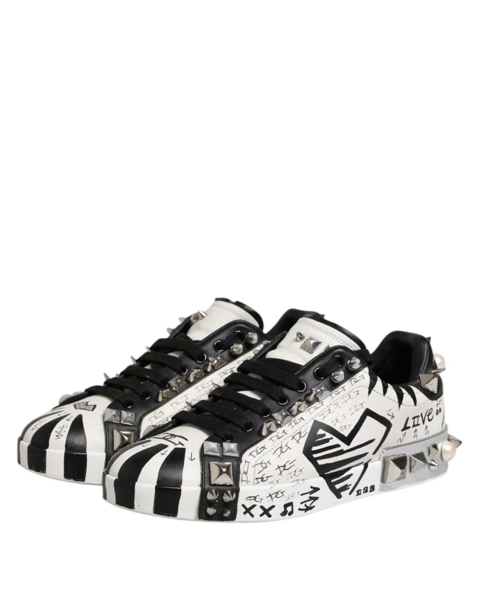 Dolce & Gabbana Black White Studded Low Top Sneakers Shoes - RIMODA