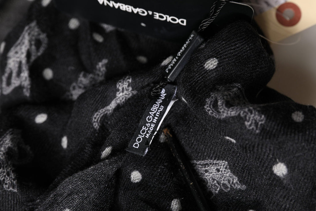 Dolce & Gabbana Black Wool Crown Print Fringe Neck Wrap 180cm x 65cm Scarf - RIMODA