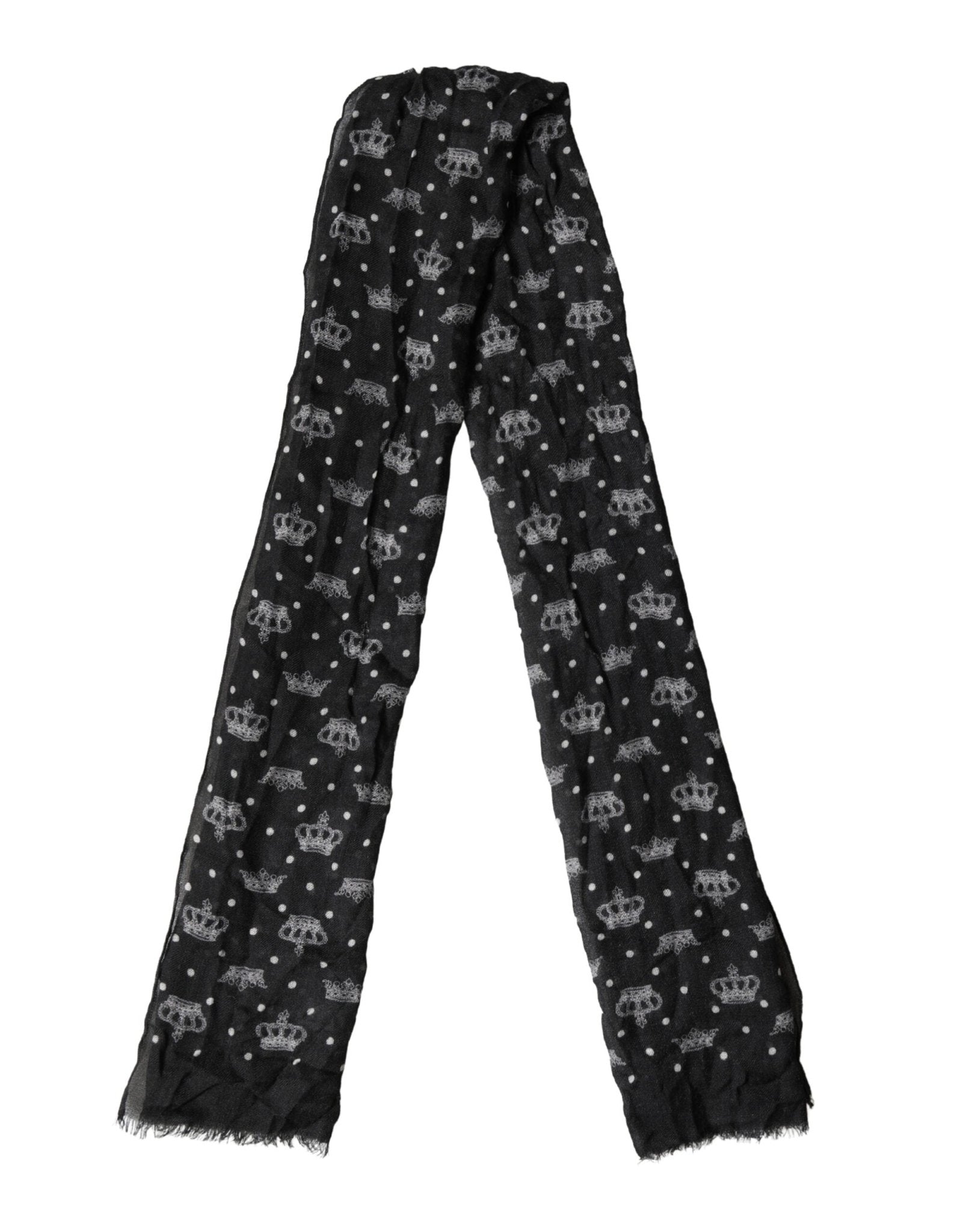 Dolce & Gabbana Black Wool Crown Print Fringe Neck Wrap 180cm x 65cm Scarf - RIMODA