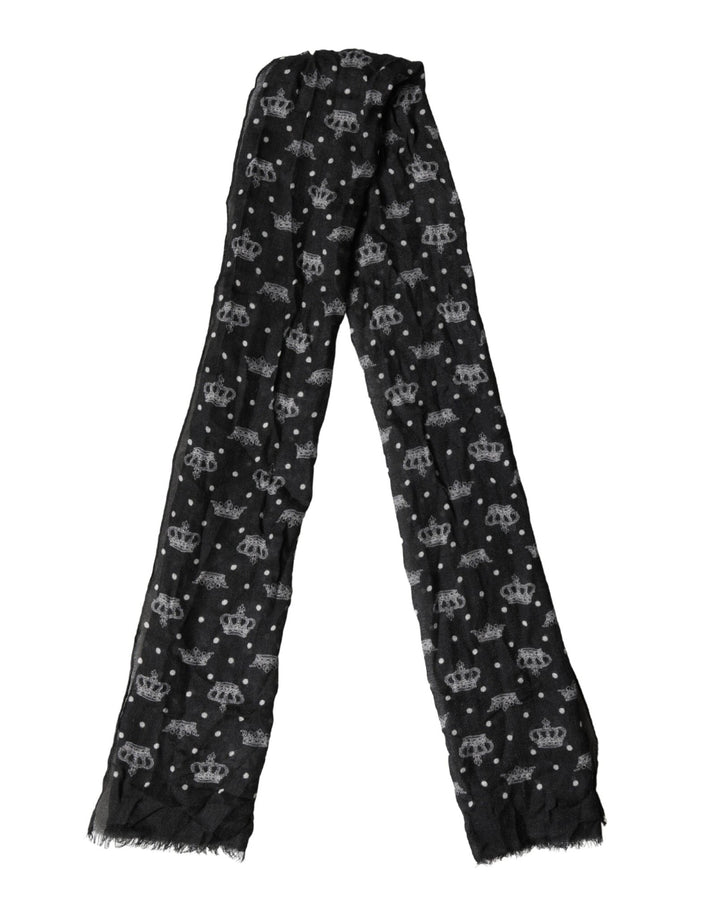 Dolce & Gabbana Black Wool Crown Print Fringe Neck Wrap 180cm x 65cm Scarf - RIMODA