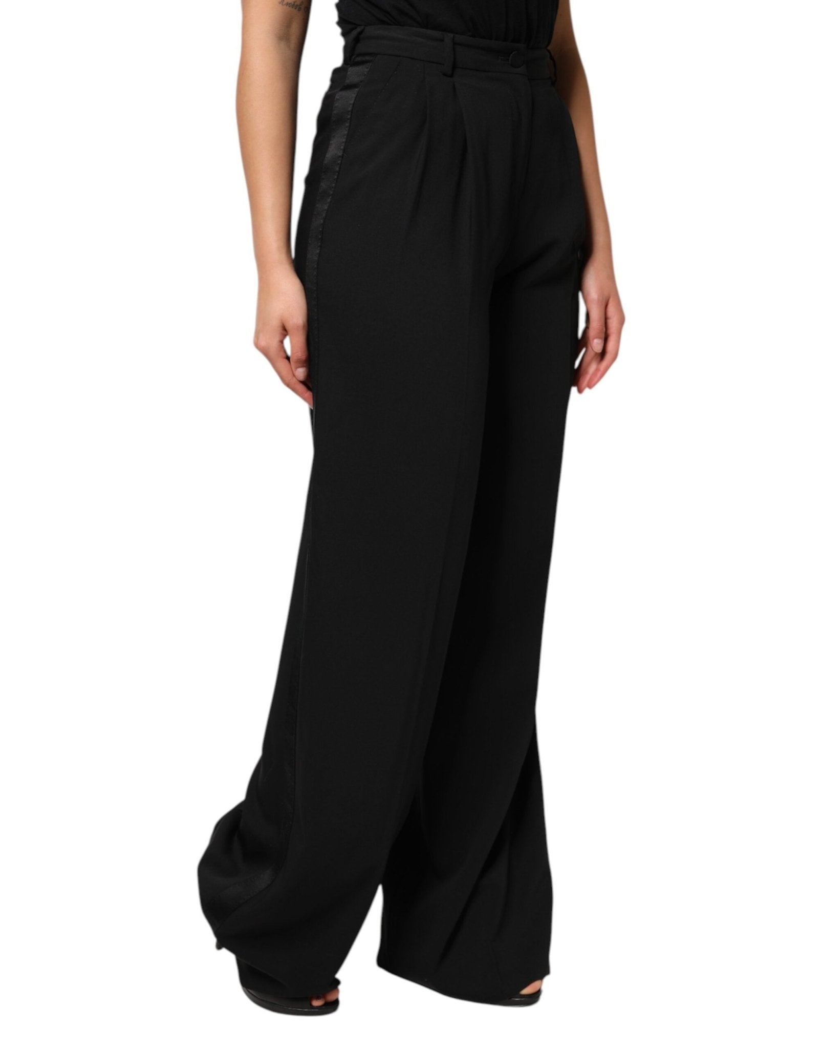 Dolce & Gabbana Black Wool High Waist Wide Leg Pants - RIMODA