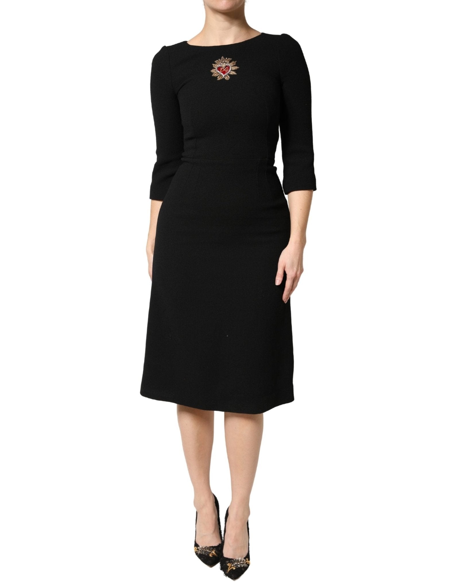 Dolce & Gabbana Black Wool Sacred Heart Patch Midi Dress - RIMODA