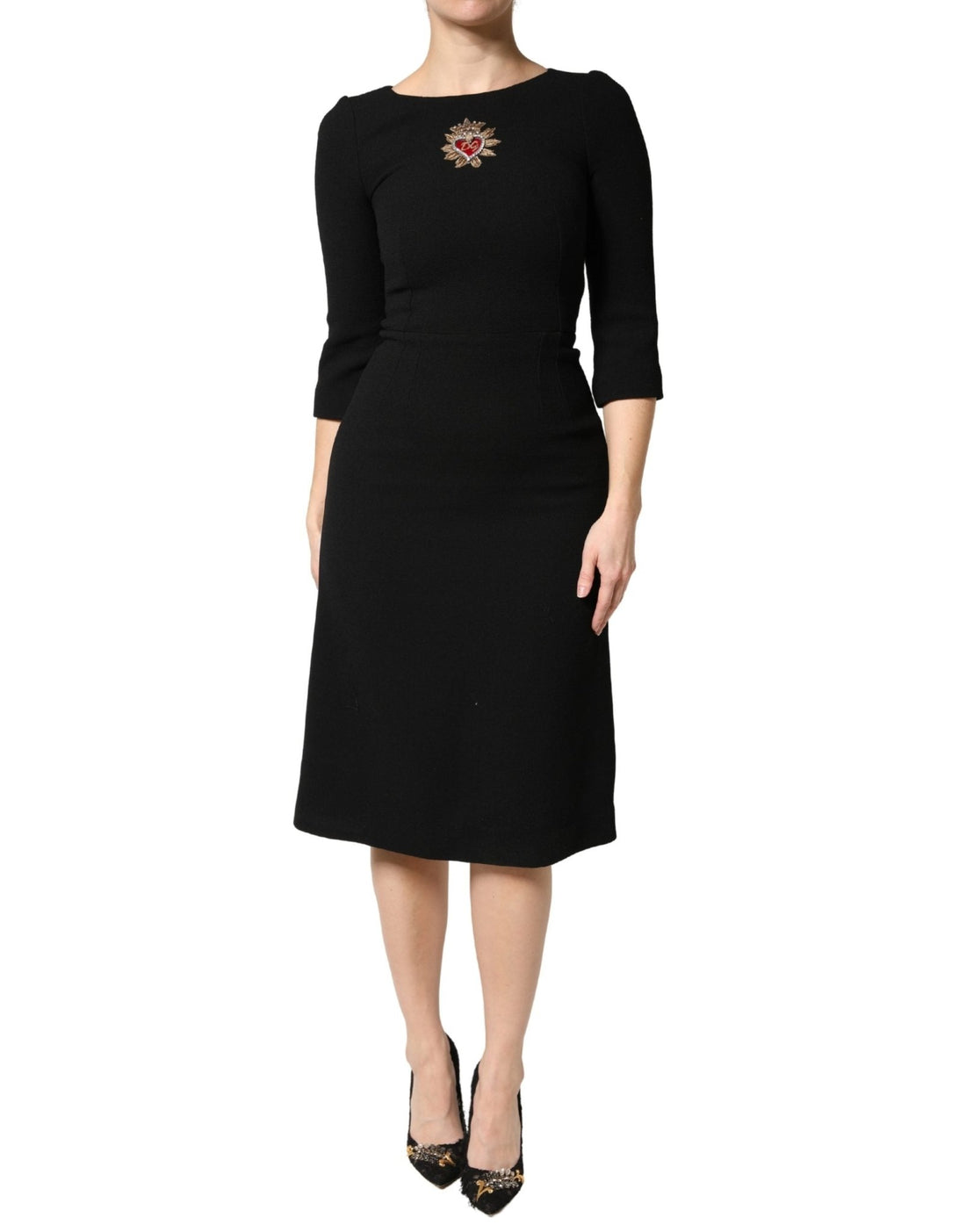 Dolce & Gabbana Black Wool Sacred Heart Patch Midi Dress - RIMODA