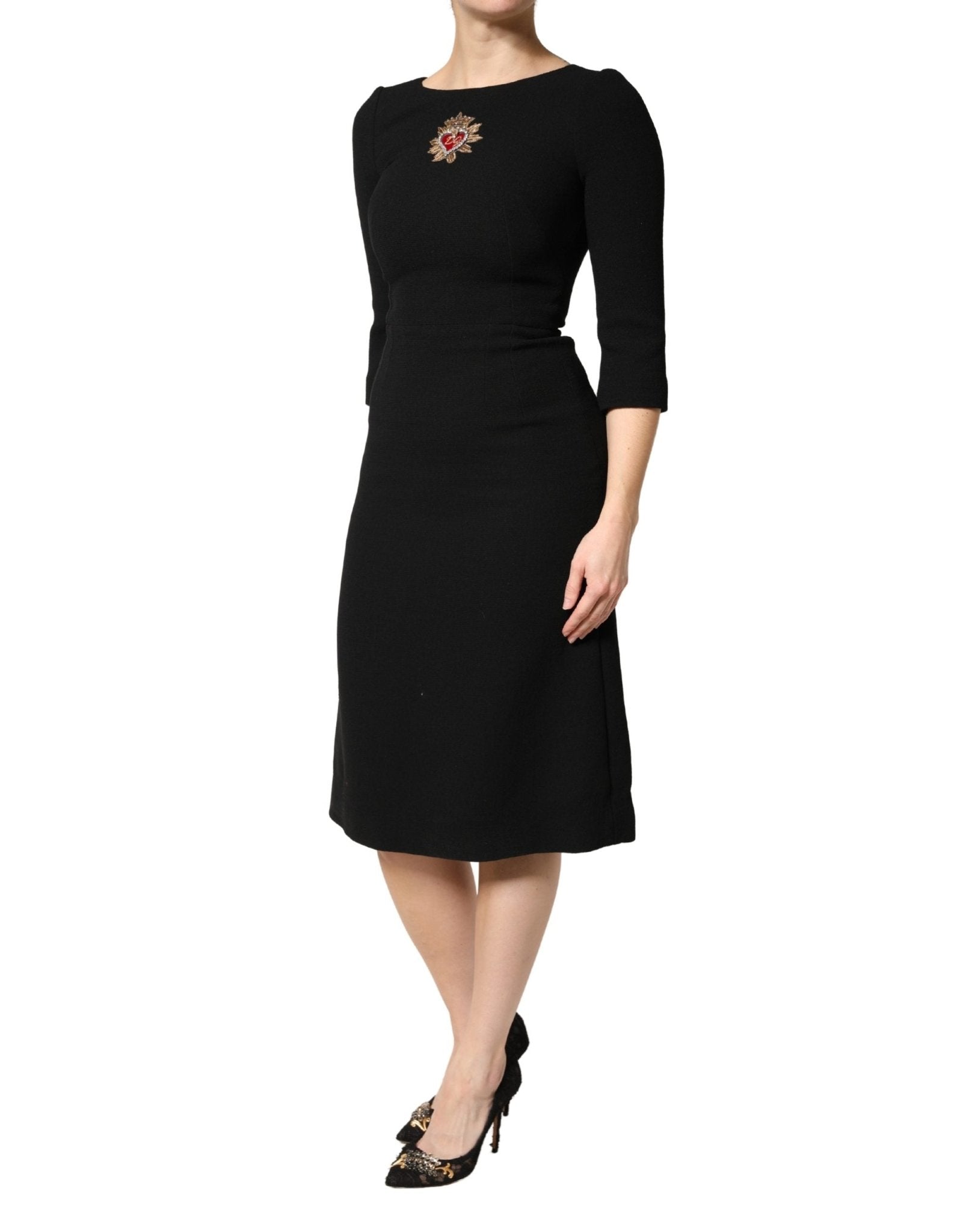 Dolce & Gabbana Black Wool Sacred Heart Patch Midi Dress - RIMODA